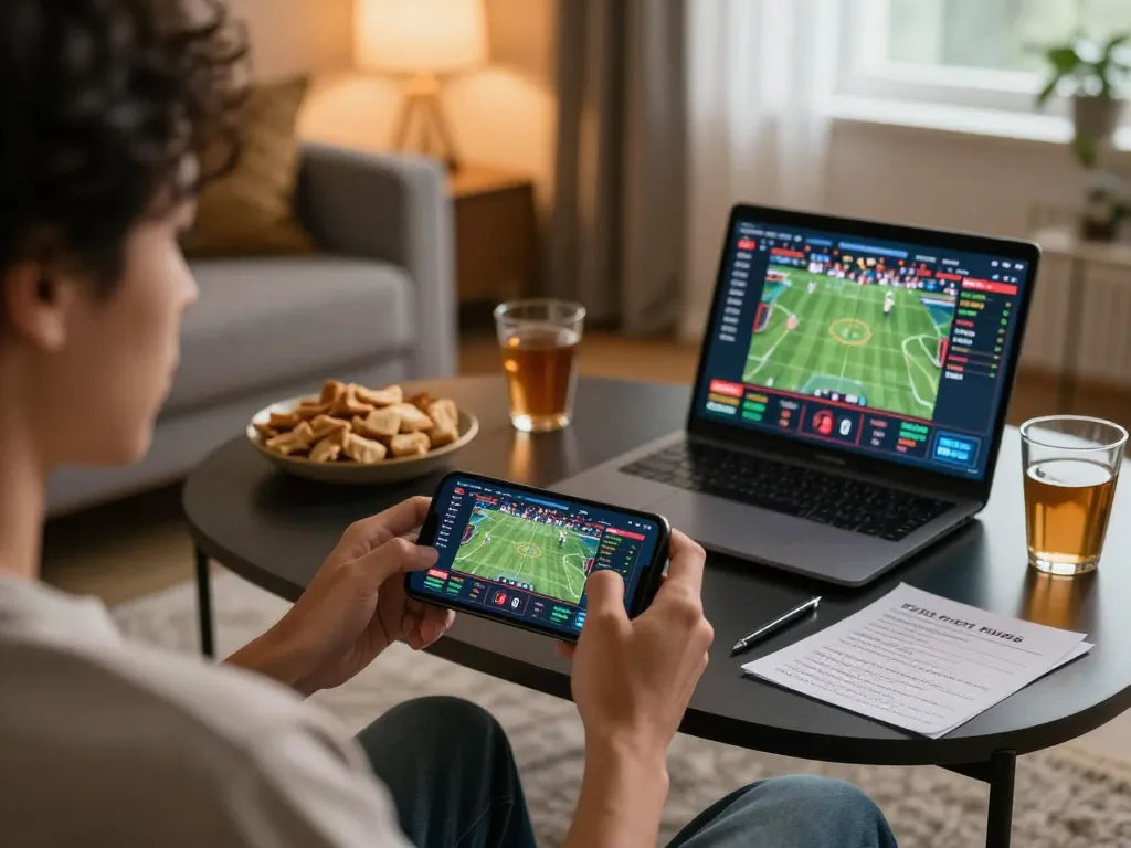 Player using mobile sports betting app ax88 on stylish setup with warm lighting and snacks.