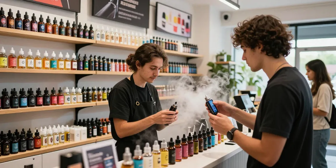 Customer selecting 電子煙油 in a vibrant vape shop with knowledgeable staff