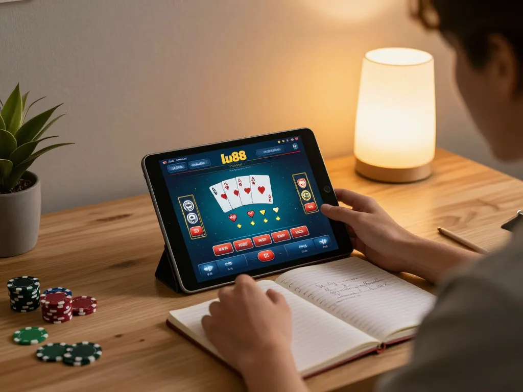 Engaging player enjoying lu88 online casino gaming on tablet with vibrant poker interface.