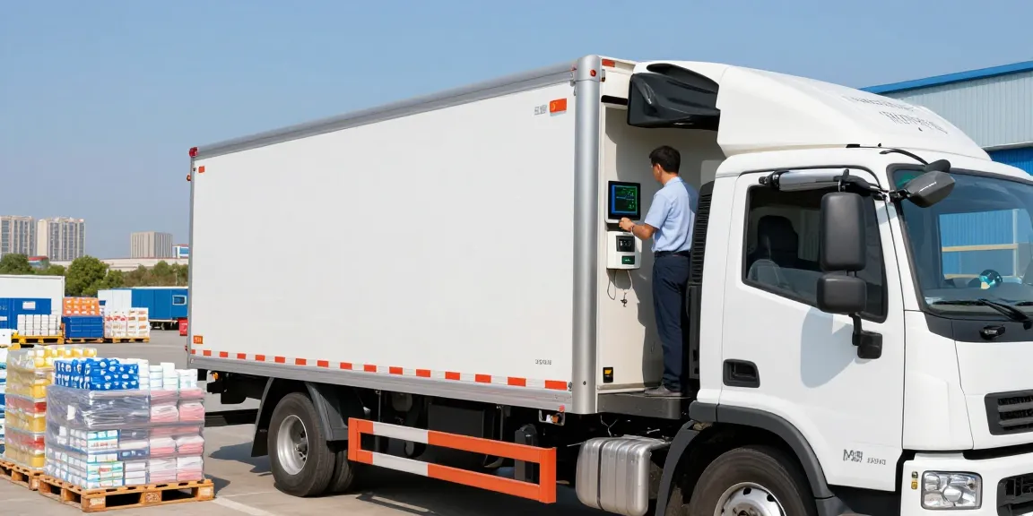 Ocargo Tiefkühltransporte von Dortmund, moderner Kühltransporter mit digitaler Temperaturüberwachung in Industrieumgebung