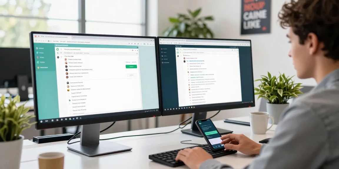 User engaging with WhatsApp網頁版 in a modern office setting with monitors displaying chat and files.