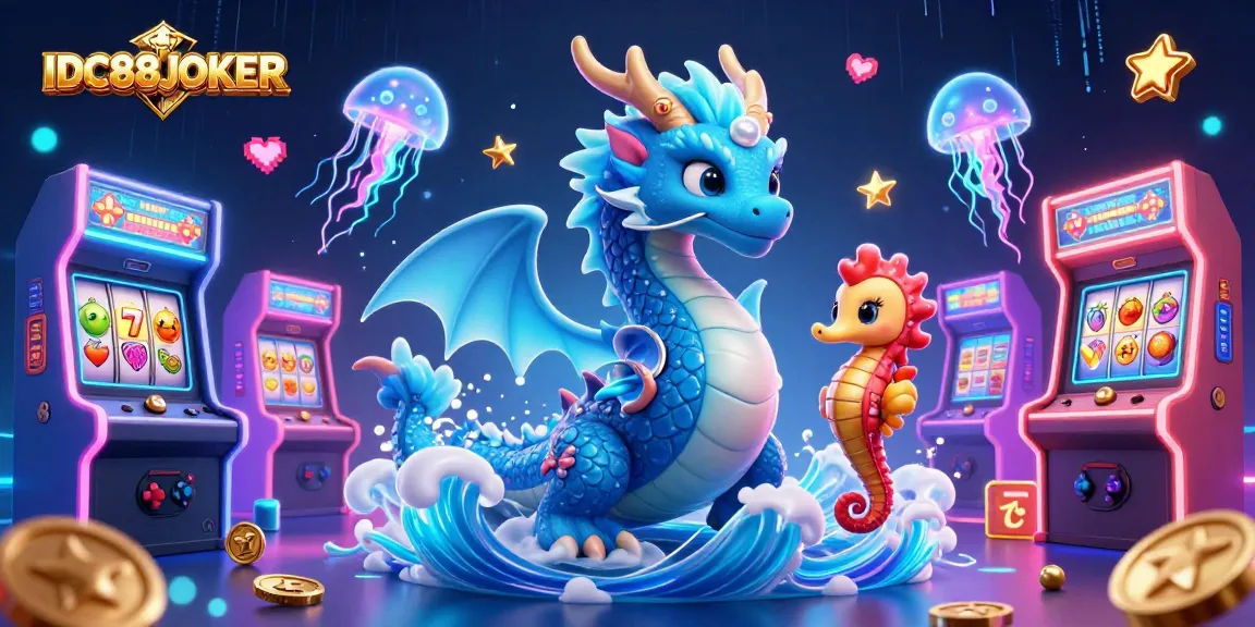 Experience thrilling wins with IDC88JOKER's vibrant gaming world featuring a water dragon and neon elements.