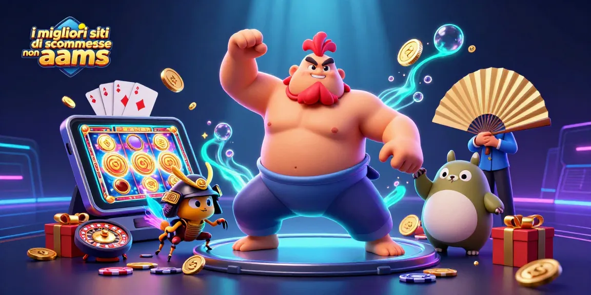 Esplora i migliori siti di scommesse non AAMS con un lottatore di sumo, un grillo samurai e un tanuki in un'illustrazione animata.