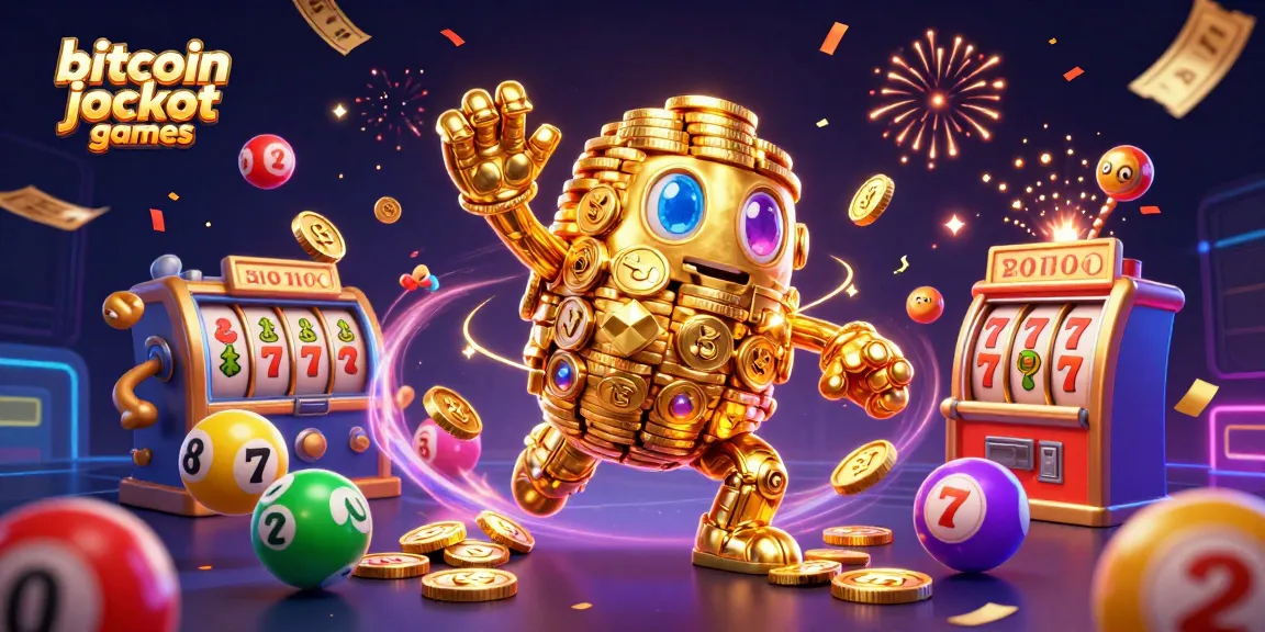 Play thrilling bitcoin jackpot games featuring a golden golem, slot reels, and vibrant lottery elements.