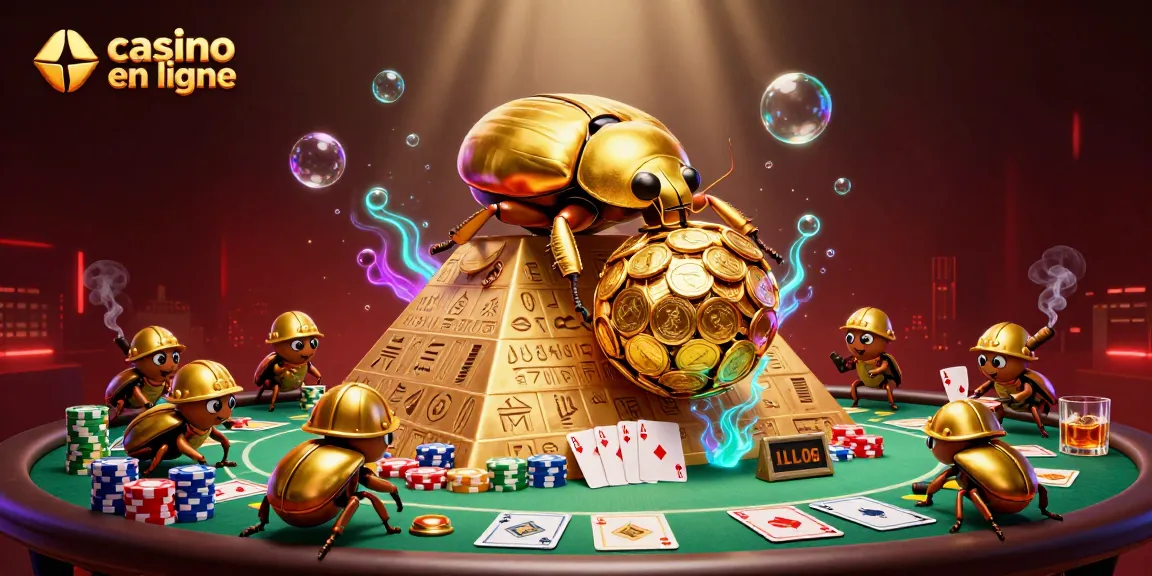Jouez au casino en ligne avec ce scarabée d'or roulant des pièces, entouré de symboles de jeu captivants.