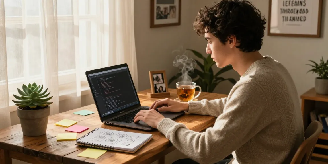 Professional home office scene with a cozy atmosphere, read more here for tips on productivity.
