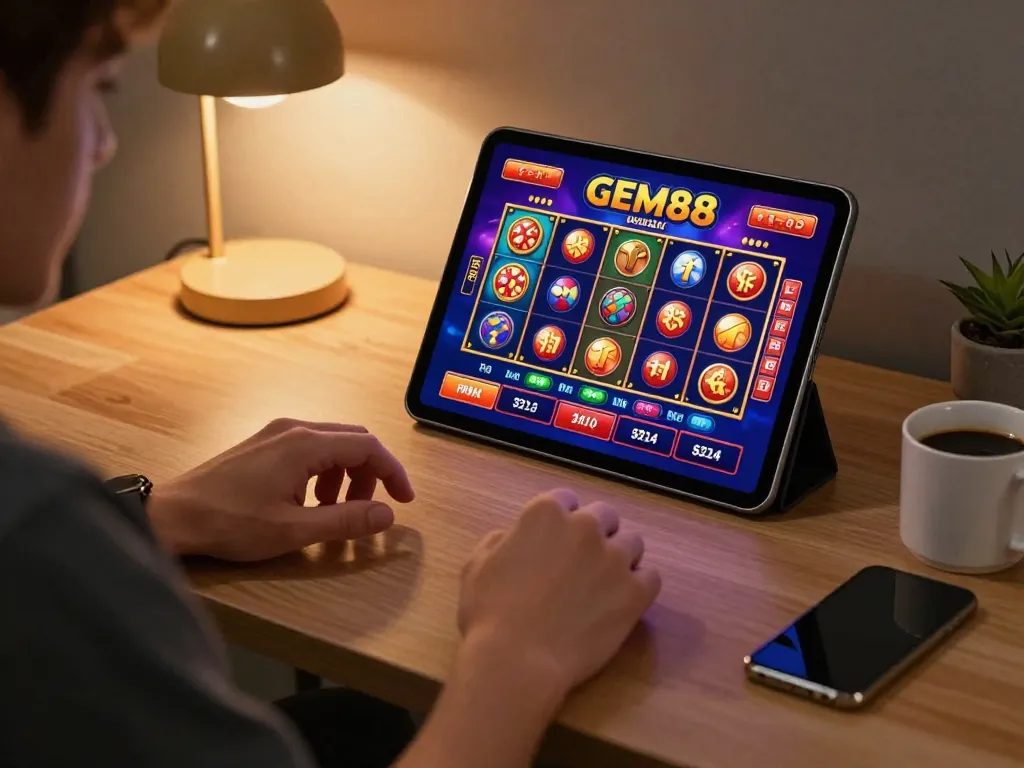 Engaging player using gem88 tablet for exciting online casino gaming experience at home