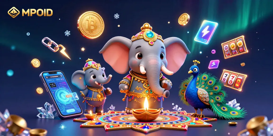 MPOID enhances online gaming with a vibrant 3D scene featuring a colorful elephant and peacock amidst casino elements like Bitcoin coins and slot reels.