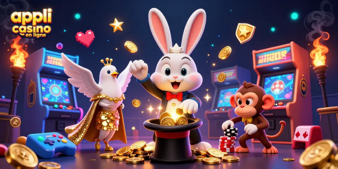 Appli casino en ligne avec un magicien, une colombe étincelante et un singe espiègle, ambiance riche en jeux 3D.