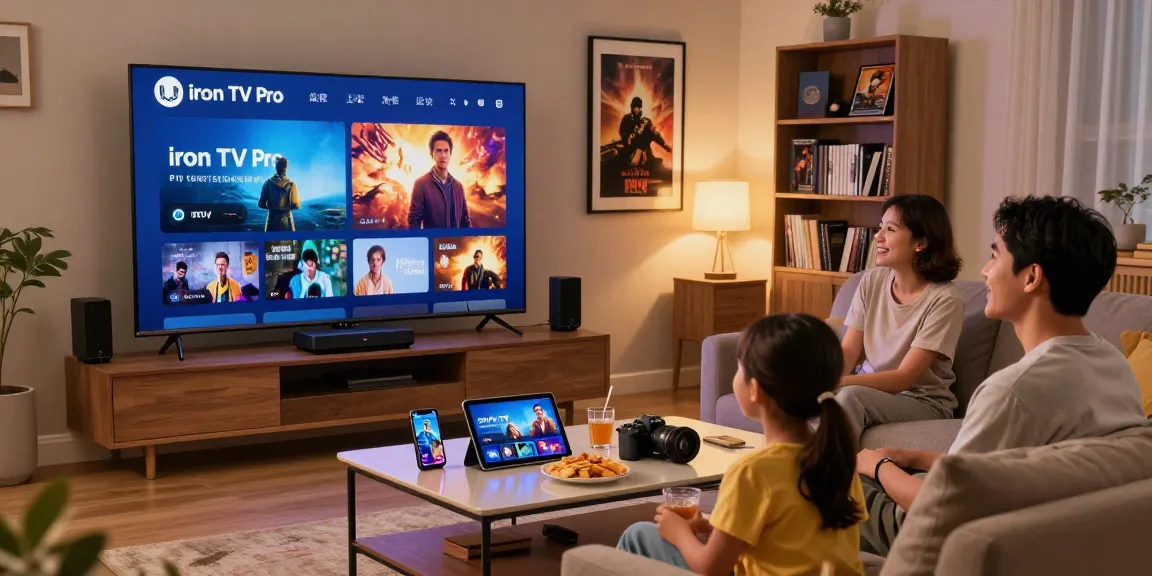 Family enjoying Iron TV Pro streaming on Smart TV in a cozy living room