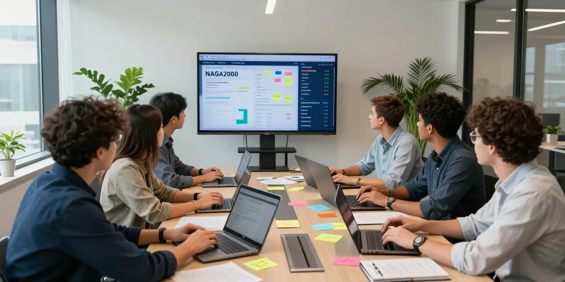 Collaborative digital marketing strategy meeting focusing on NAGA2000 concepts in a modern office.