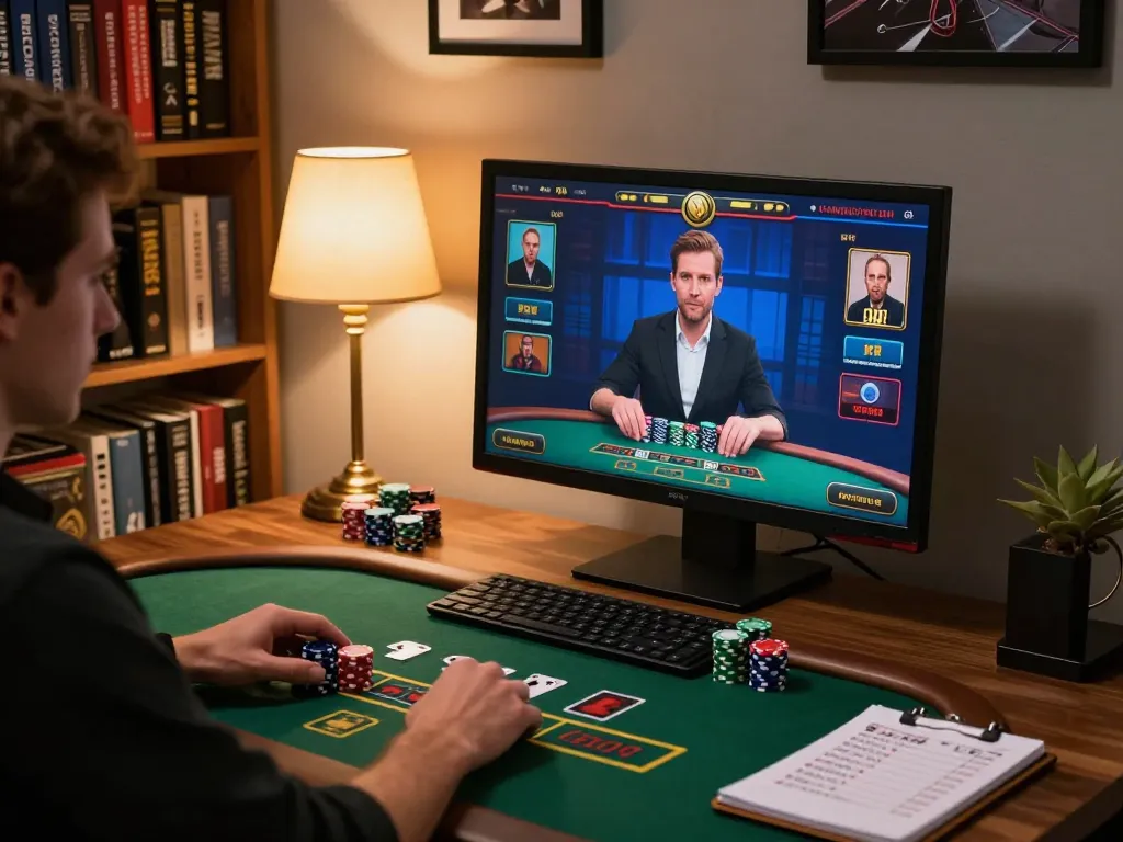 Engaging in an online blackjack game with Onbet on a sleek desktop setup, bright screen displaying live dealer.