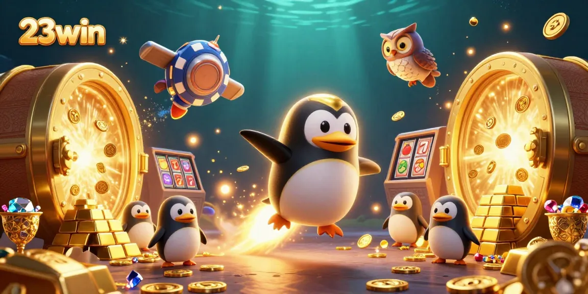 Experience the 23win excitement with a golden penguin racing toward a poker chip casino.