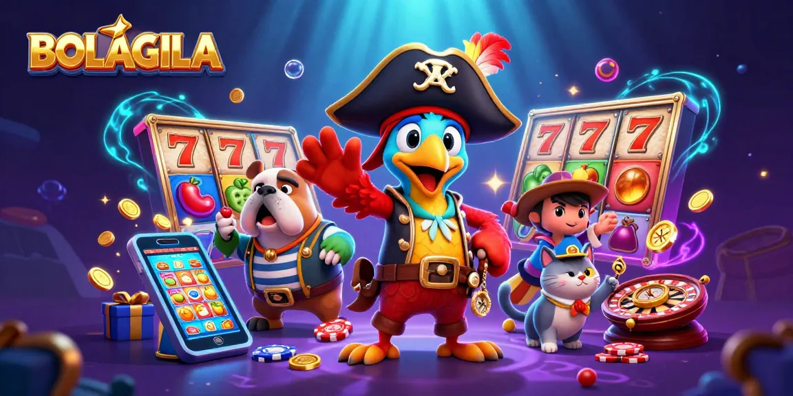 BOLAGILA pirate captain and crew celebrate with slot games and golden coins in a vivid casino scene.