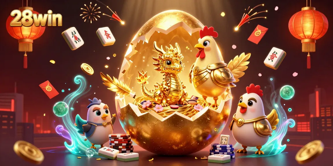 Experience thrilling gaming at 28win with a vibrant scene of a golden dragon and poker chips.