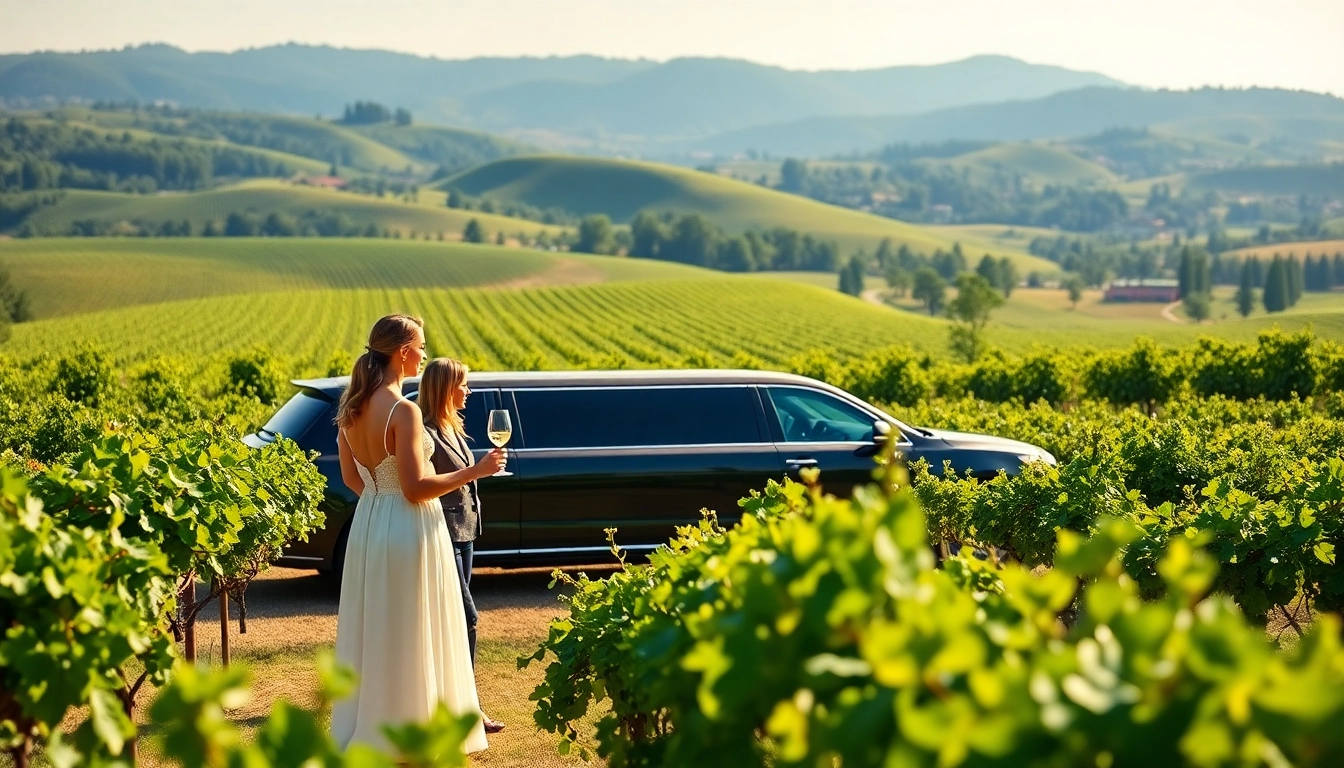 Experience a wine tour limo service with a couple enjoying wine at a vineyard.