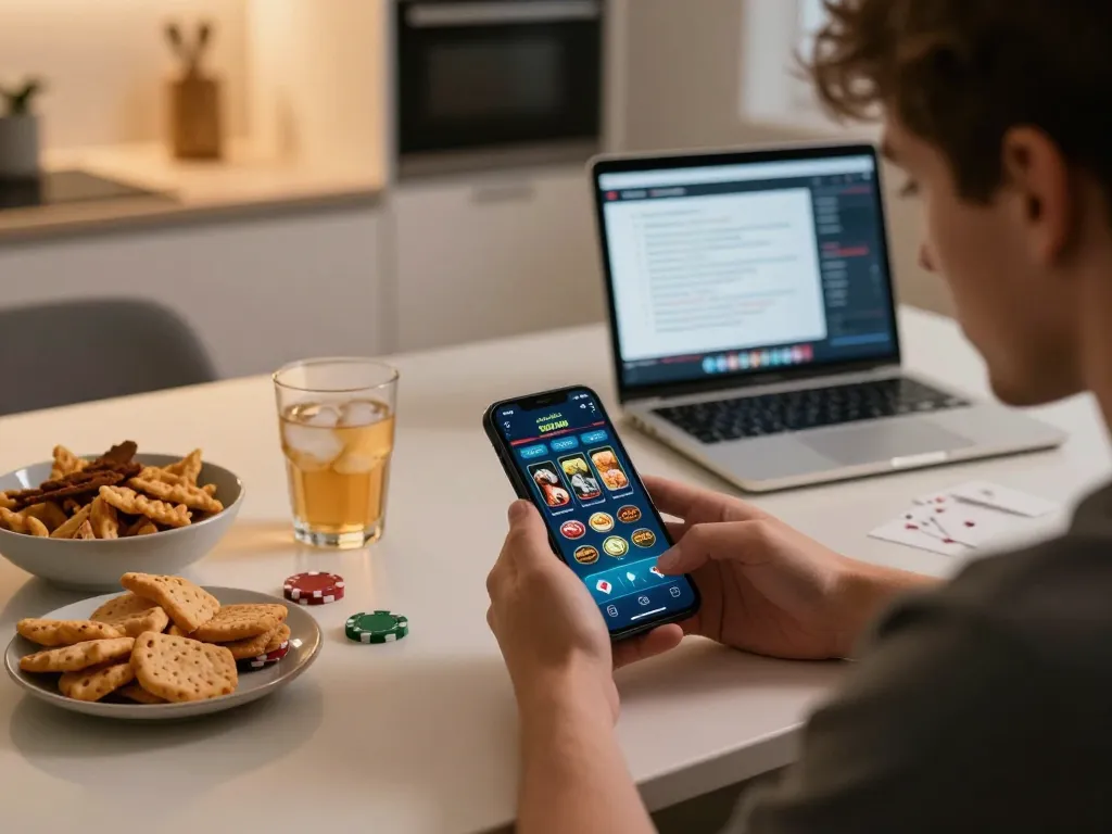 Player engaging with MM88 casino app on smartphone during a casual home gaming session