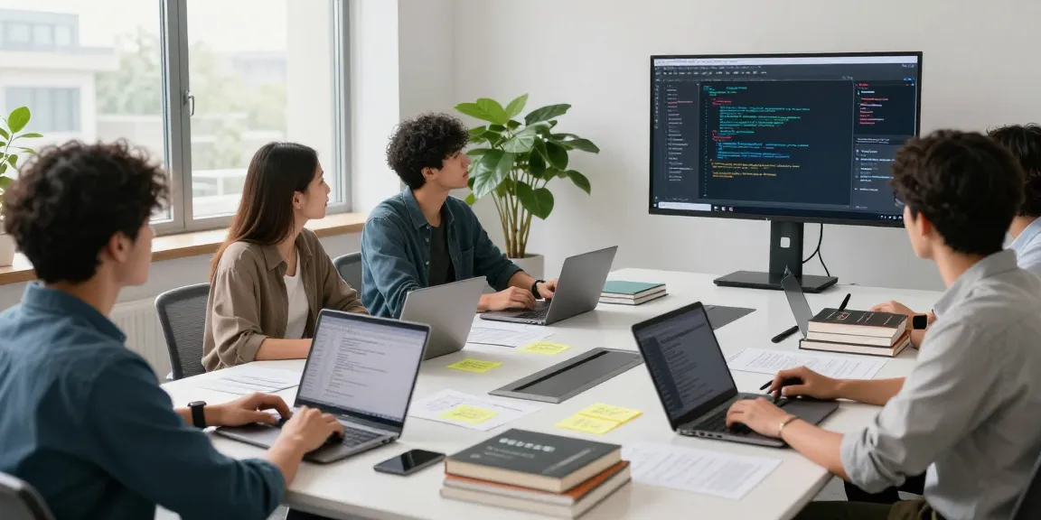 Team collaborating on 纸飞机中文版 project in a modern tech workspace with laptops and notes.