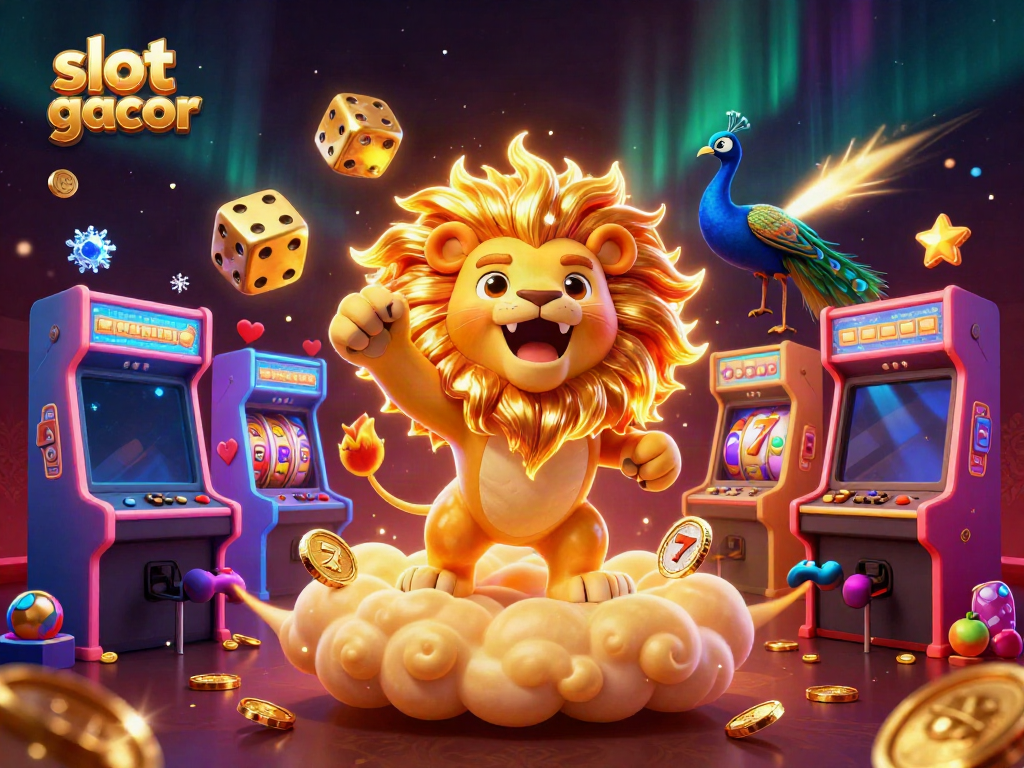 Engage with the excitement of slot gacor featuring a roaring golden lion and vibrant slot elements