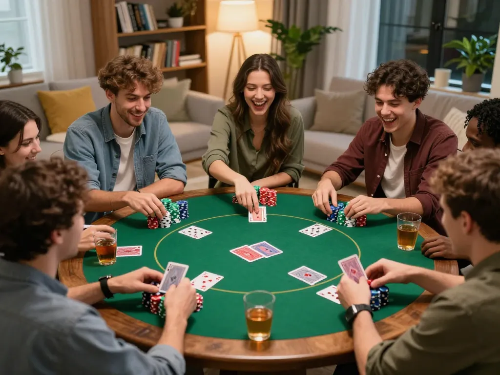 Friends engaging in a lively home poker game showcasing the excitement of luongsontv.
