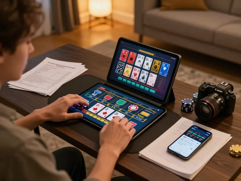 Engaging in online casino gaming with Sunwin app on tablet, showcasing strategy notes and vibrant gambling graphics.