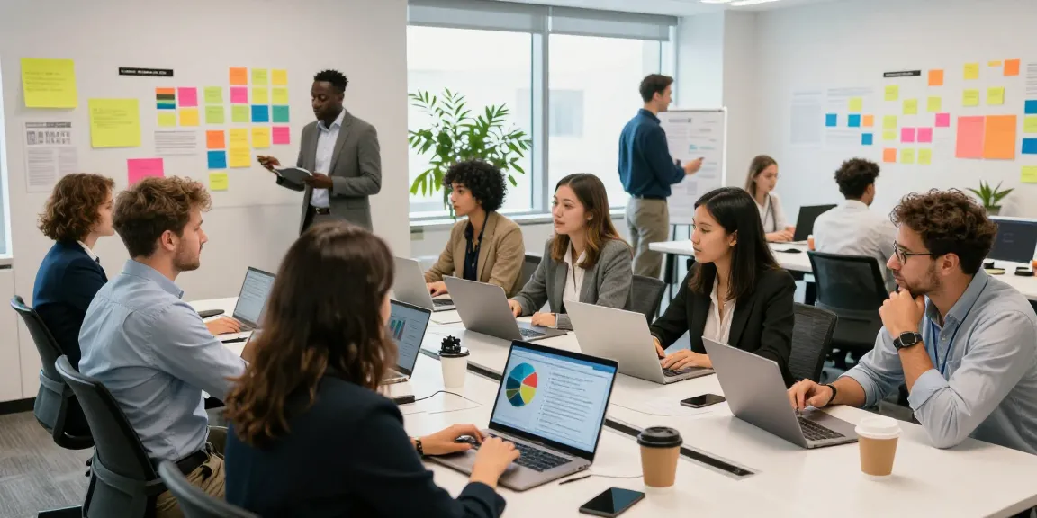 Companies collaborating in a modern office environment showcasing teamwork and innovation.