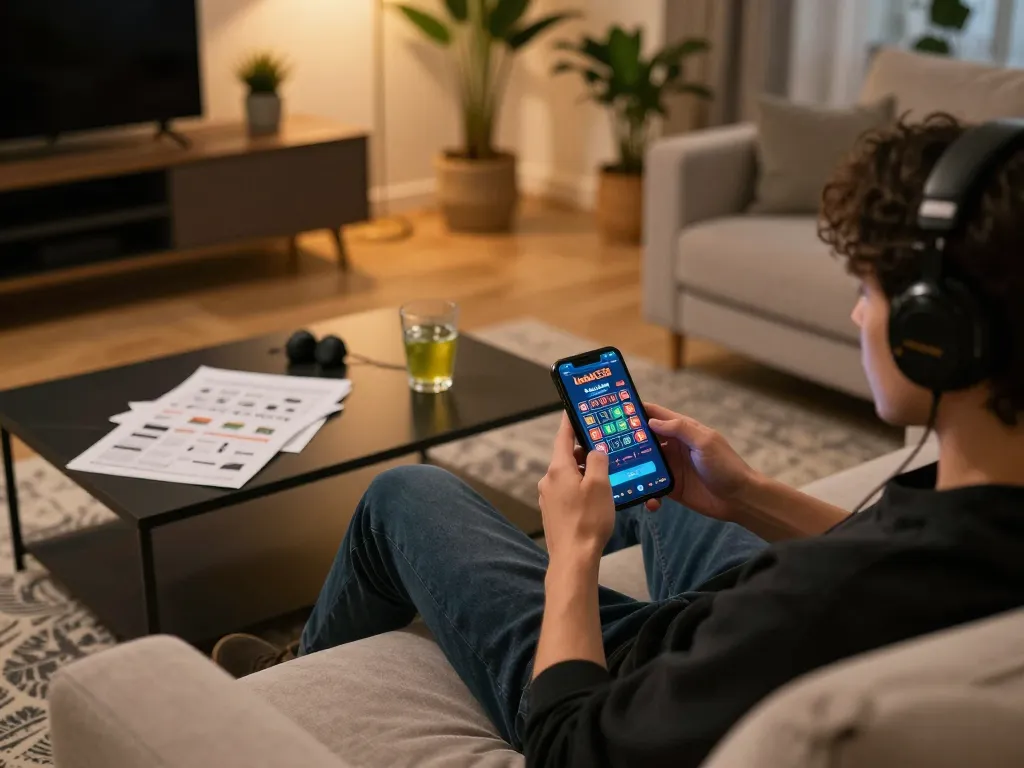 Person using ledak338 mobile app for online gambling in a cozy home setting.