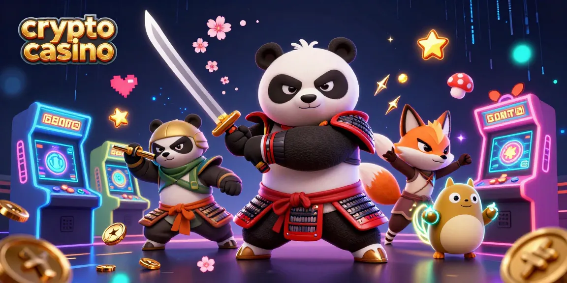Vivez l'excitation d'un crypto casino avec un panda samouraï aux côtés d'un renard ninja, entourés de jeux lumineux.