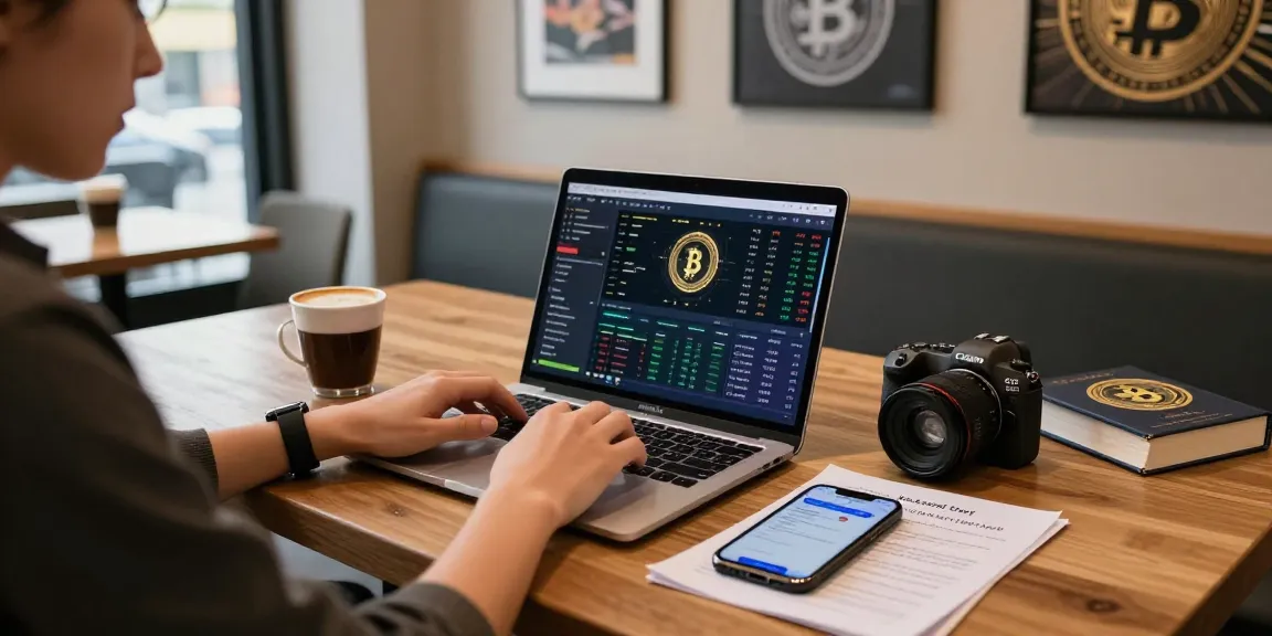 Cozy coffee shop scene showcasing a cryptocurrency trader analyzing ifps data on laptop amidst notes and digital wallet.