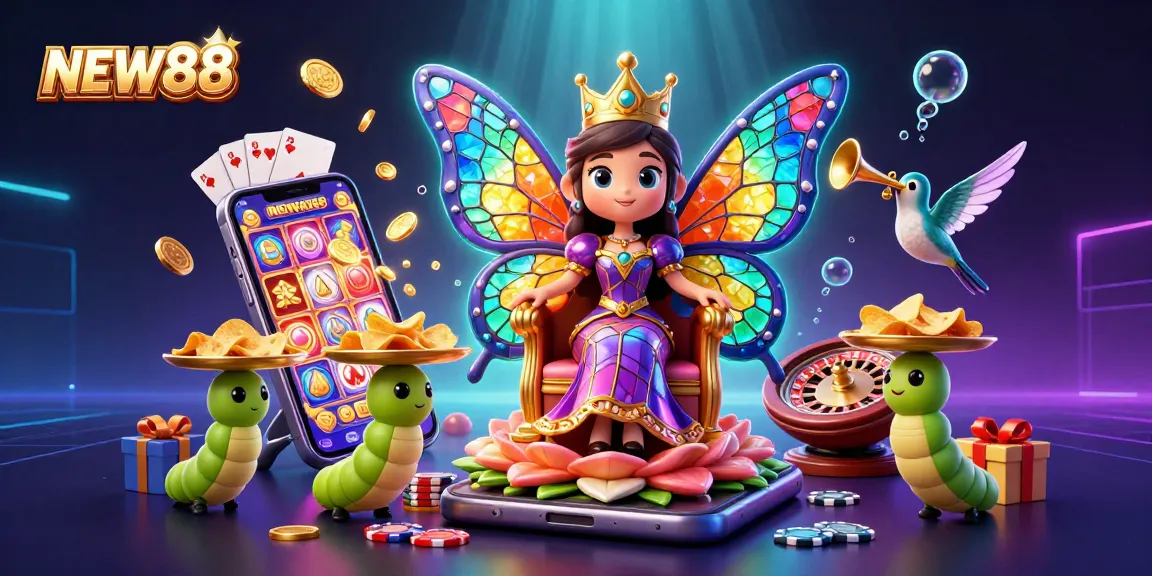 Experience exciting gameplay at NEW88 with a vibrant butterfly queen and casino elements.