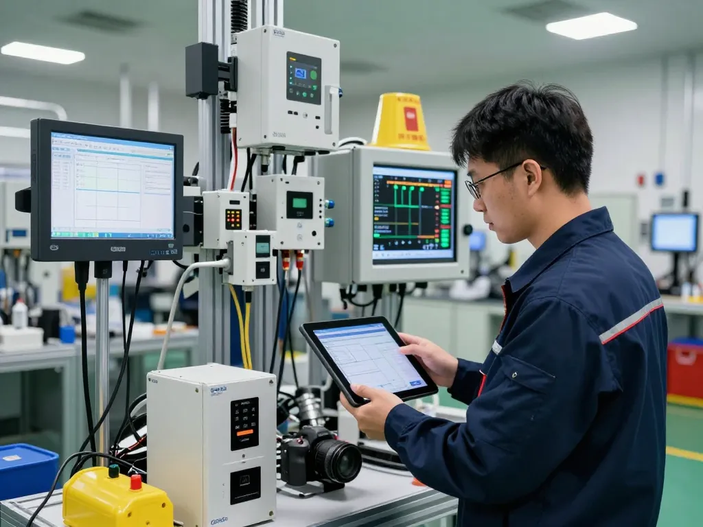 Technician at Hải Phòng Tech interacting with advanced sensors and PLC equipment in a modern factory.