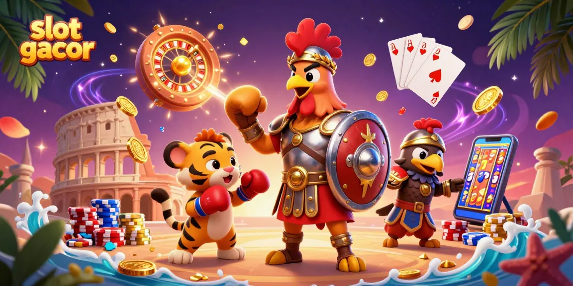 Engage with slot gacor through a dynamic 3D casino illustration featuring a gladiator rooster, tiger cub, and eagle, enriched with casino elements.