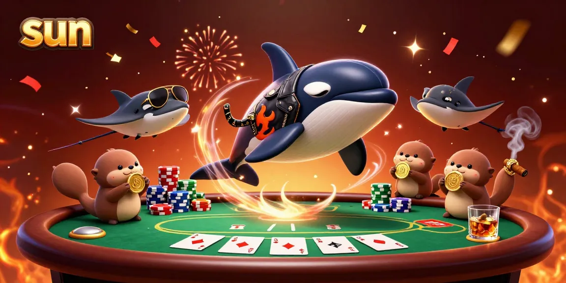 Experience thrilling gameplay with the vibrant sun-filled casino scene featuring an orca whale and poker elements.