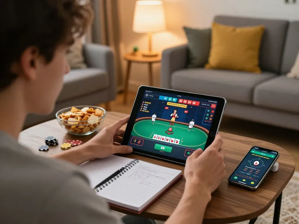 Engaging in strategic online poker gameplay on Sunwin app with tablet in cozy home setting.