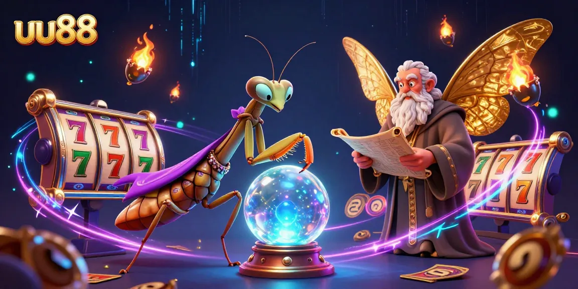 Experience winning spins at uu88 with a 3D fortune teller, vibrant casino elements, and mystical atmosphere.