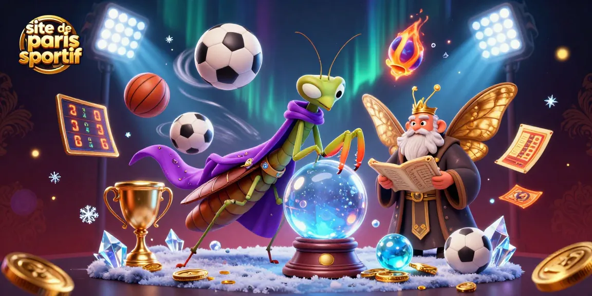 Plongez dans le site de paris sportif avec une illustration captivante de personnages mystiques entourés d'éléments sportifs.