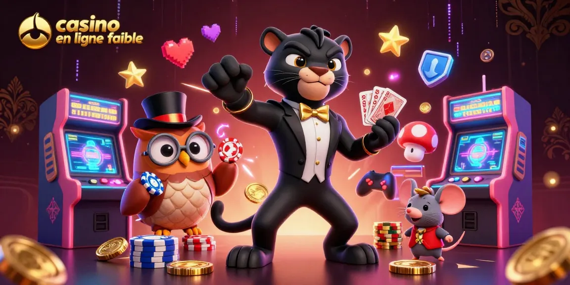 Jouez dans un casino en ligne fiable avec une illustration dynamique de personnages de jeu et des éléments de casino.