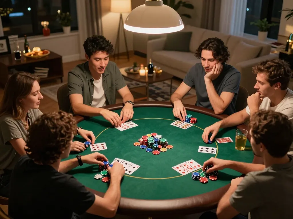Poker night at home with friends enjoying gameplay at hit club table, showcasing chips and cards.