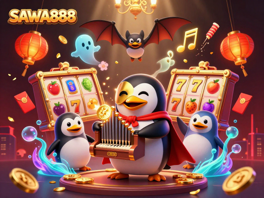 SAWA888 offers exciting slots gameplay with vibrant characters and golden casino elements in a festive atmosphere.