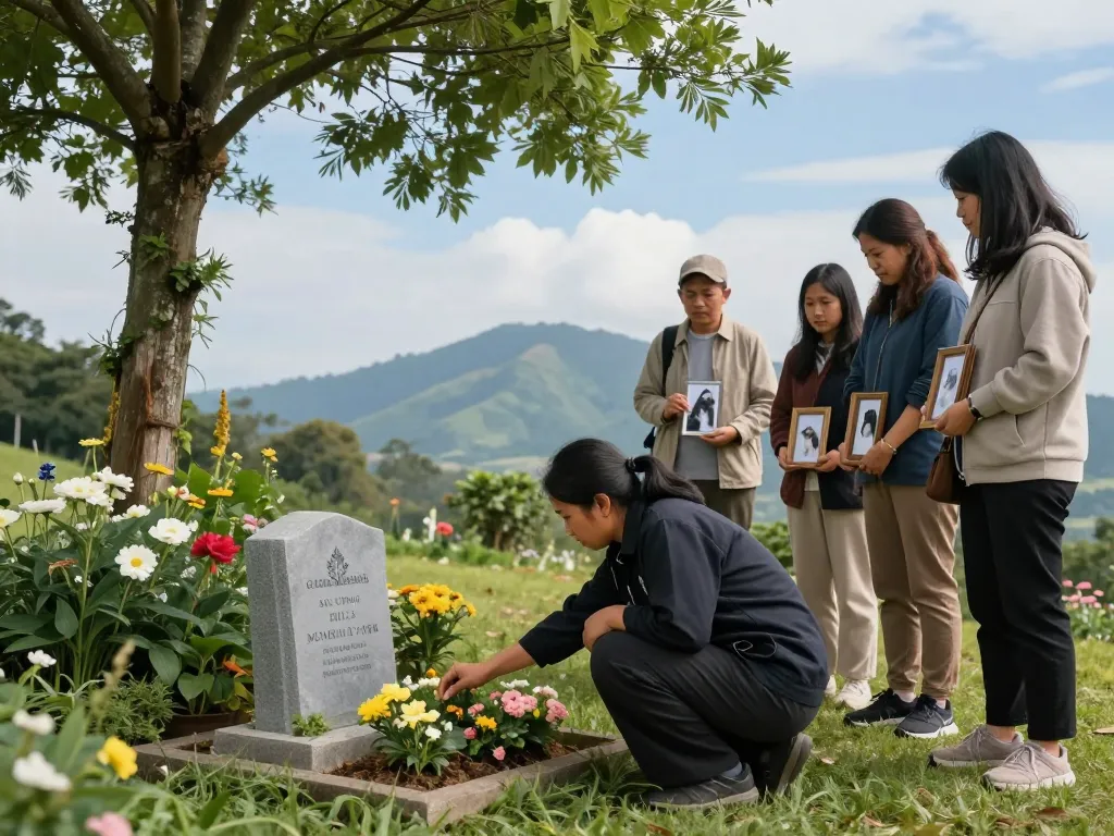 jasa pemakaman hewan jogja - peaceful pet memorial scene at Gunung Sempu Hills, with caretakers and family members honoring their pets.