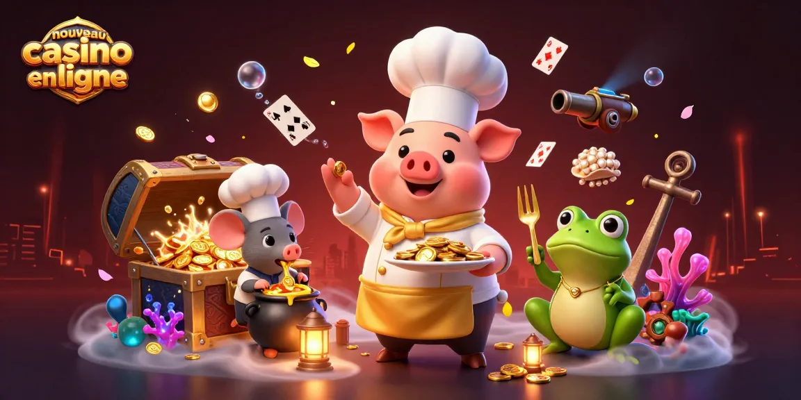 Découvrez le nouveau casino en ligne avec un chef caricatural servant des pièces d'or entouré de jeux et de décorations colorées.