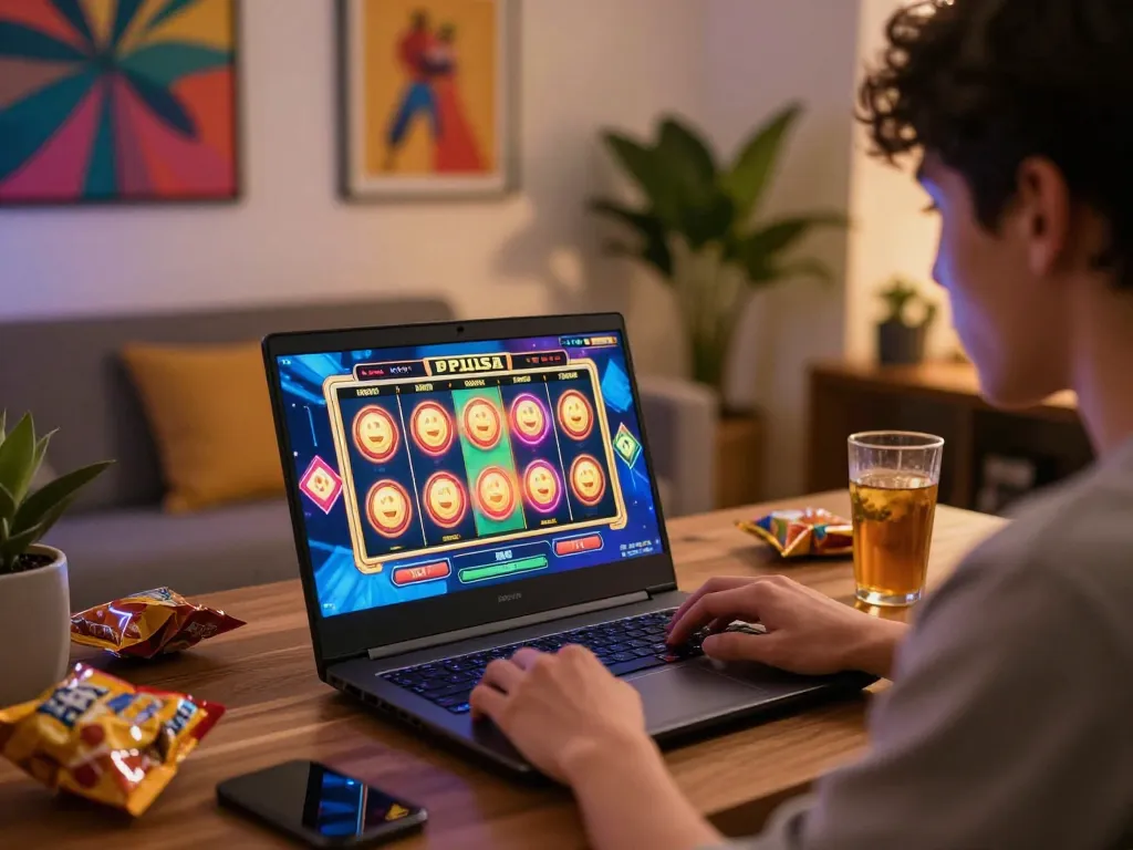 Engaging scene of a player enjoying slot pulsa gaming on a laptop, showcasing vibrant reels and a cozy atmosphere.