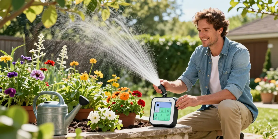 Homeowner setting the RainPoint sprinkler timer in a vibrant garden, ensuring optimal plant care.
