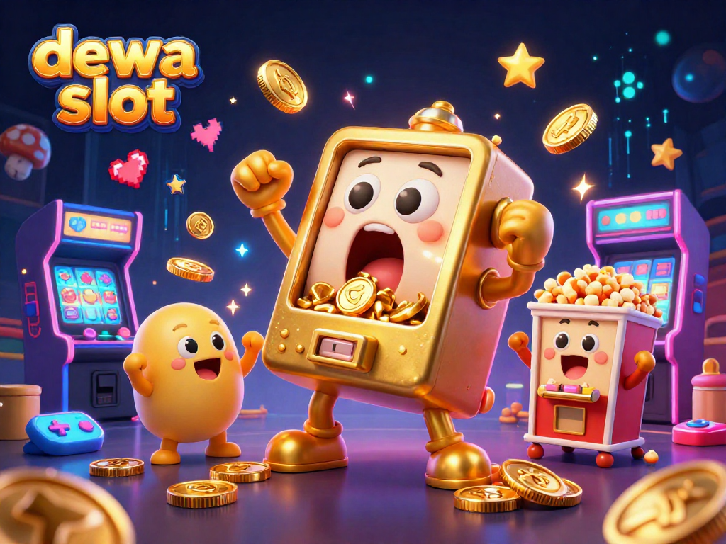 Kemenangan fantastis dari dewa slot dengan mesin slot emas tersenyum dan banyak koin keluar.