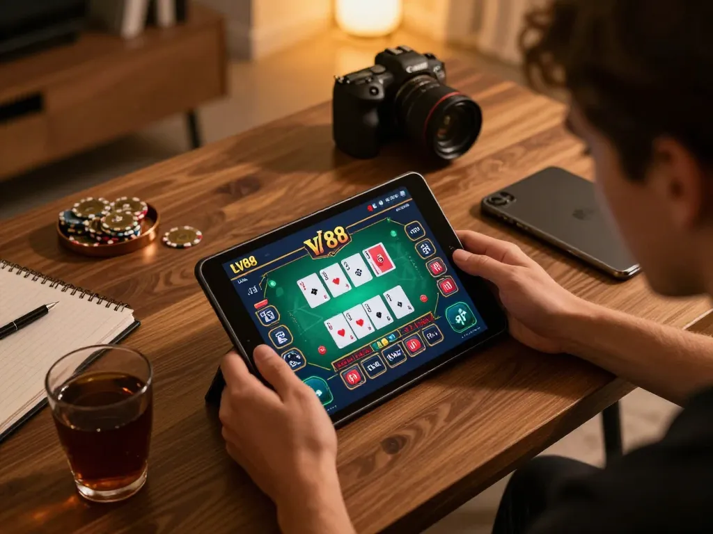 Player engaging with the LV88 casino app for online poker, illustrating strategic gameplay in a home setting.