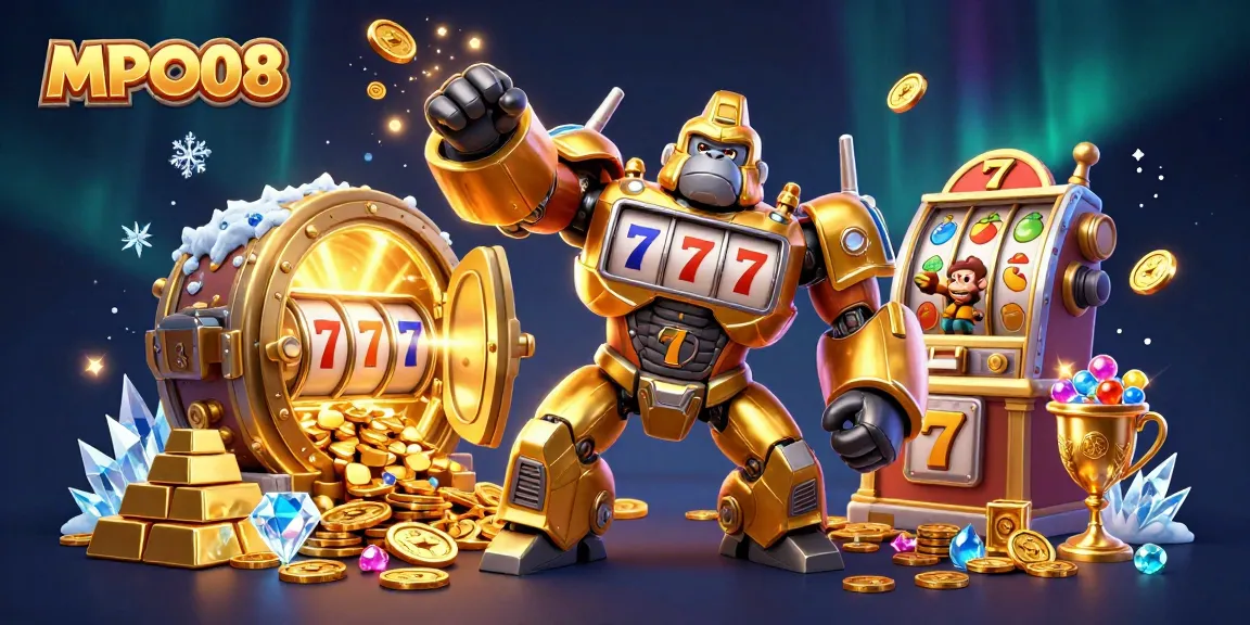 Experience thrilling slots at MPO08 with a dynamic golden gorilla mech and spinning reels.