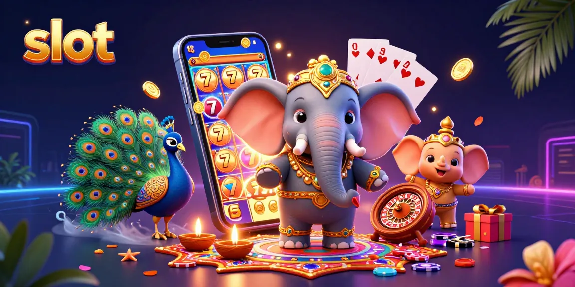 Engage with colorful slot action, featuring 3D elephant and peacock in a vibrant casino scene.