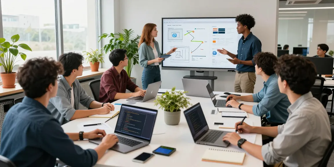 Tim pengembang perangkat lunak di https://predictplay.io/ melakukan sesi brainstorming di ruang kantor modern dengan laptop dan catatan.