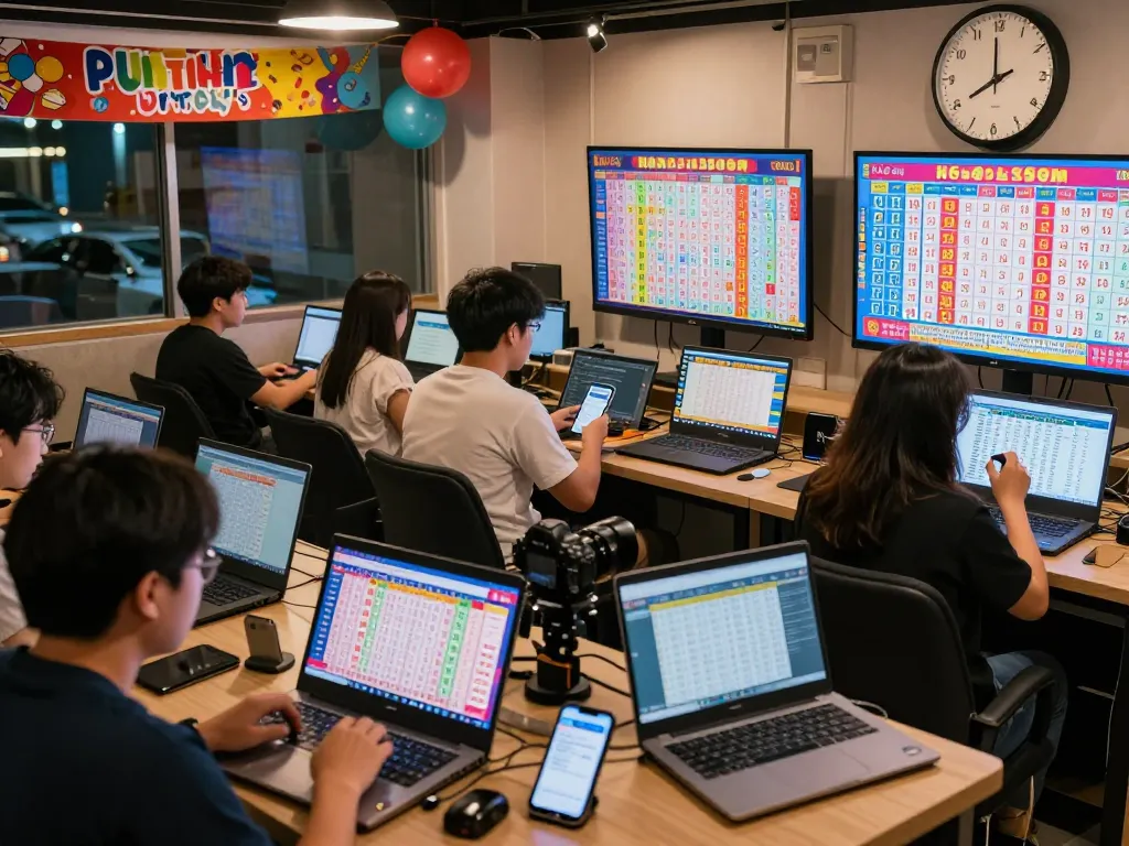Players engaging with HK Malam Ini results on digital devices in a lively lottery hub