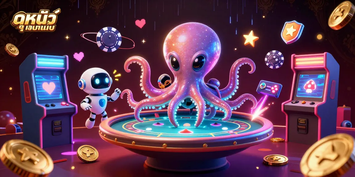 Experience ดูหนังออนไลน์ with an alien octopus at a holographic poker table, surrounded by colorful gaming elements.
